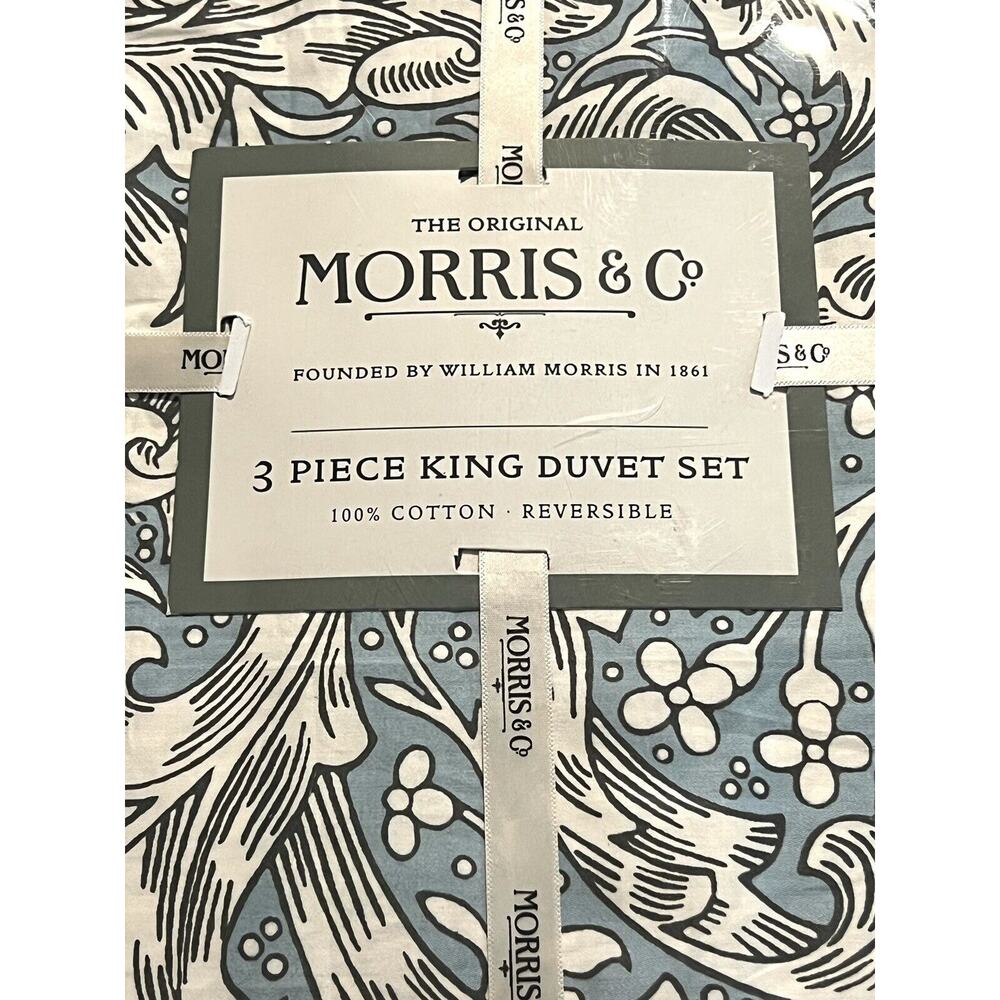 William MORRIS & CO. KING Duvet Cover Set Blue White Reversible 100% COTTON NWT - Picture 2 of 15